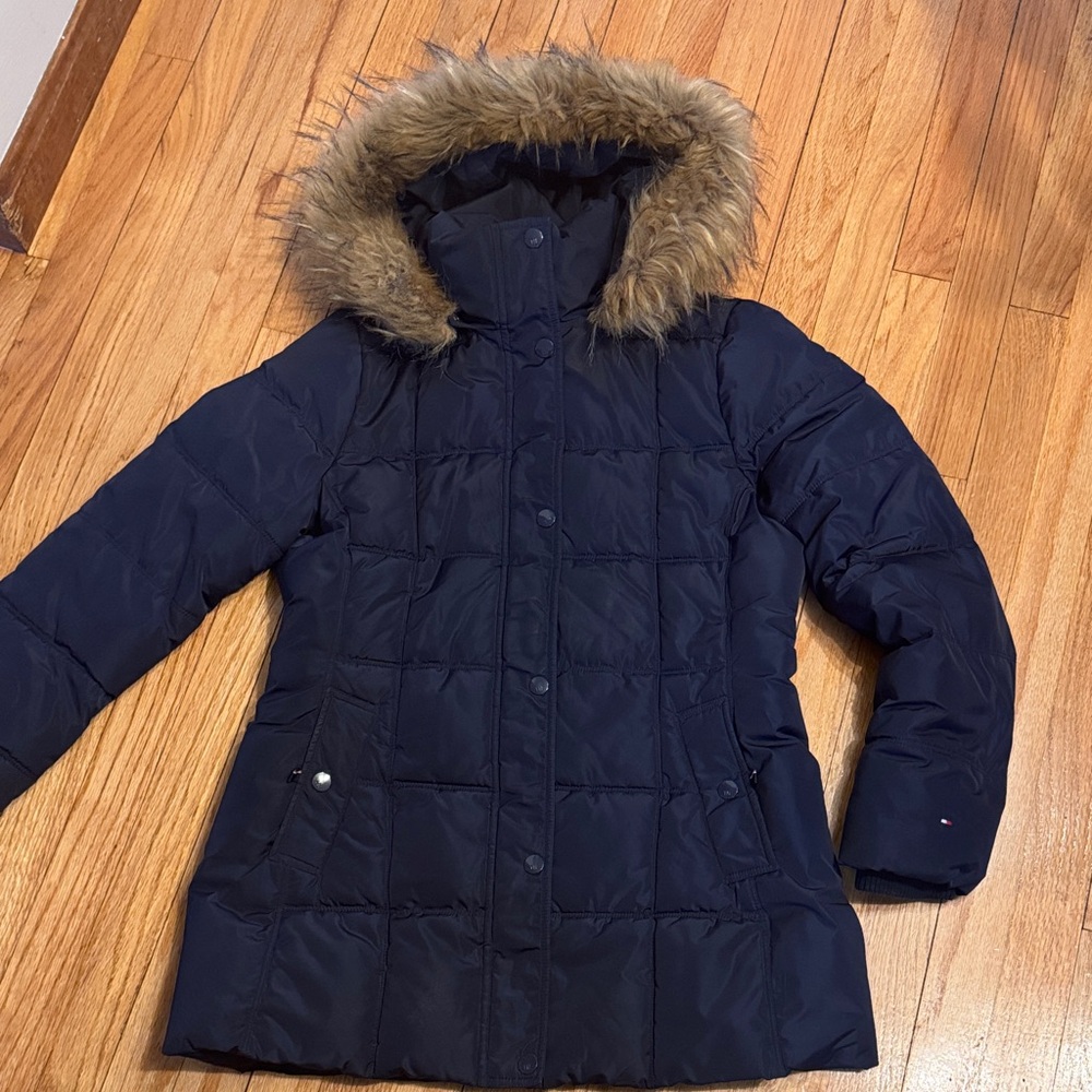 Tommy Hilfiger Navy Jacket with Faux Fur Trim M